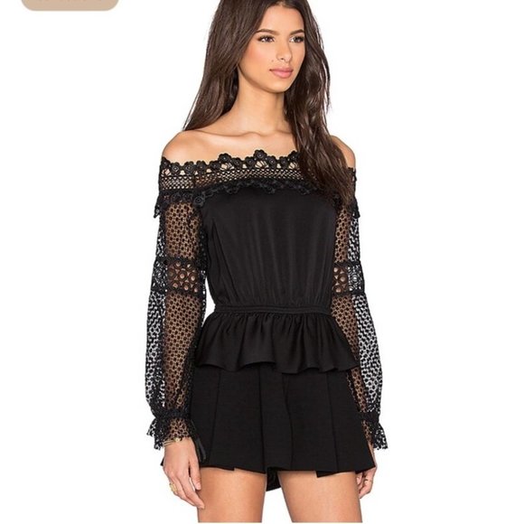 Self-Portrait Lace Off Shoulder Top in Black - Picture 3 of 7